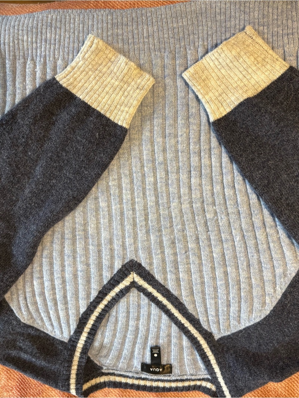 Aqua Gray and Cream V-Neck Ribbed Sweater